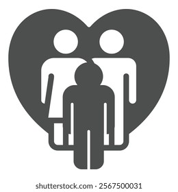 Family with child on heart solid icon, family psychology concept. Vector graphics. Father, mother and son, love sign on white background, glyph style icon for mobile or web design