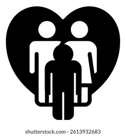 Family with child on heart solid icon, family psychology concept. Vector graphics. Father, mother and son, love sign on white background, glyph style mobile or design