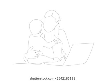  Family child, parent computer, laptop mom office, busy tired quarantine home work stress mother character. One line continuous hand drawing homework stress mother vector.  Hand made vector not AI.