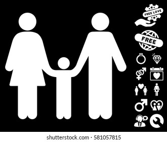 Family Child pictograph with bonus valentine icon set. Vector illustration style is flat iconic white symbols on black background.