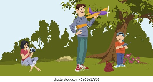 Family with child plays with toy plane. Illustration concept for mobile website and internet development.