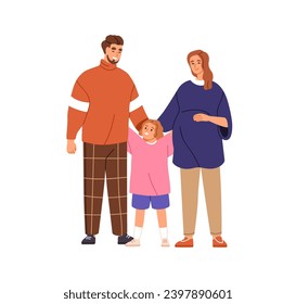 Family with child, pregnant wife and husband. Happy parents, mom, dad and girl kid hugging. Mother, father, partners couple expecting baby. Flat vector illustration isolated on white background