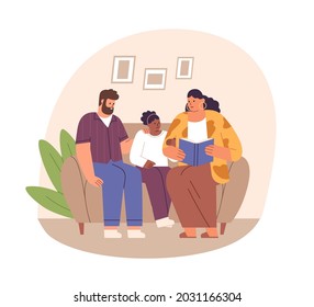 Family with child reading book together, sitting on sofa. Happy parents and kid spent leisure time at home. Mother, father and daughter on couch. Flat vector illustration isolated on white background