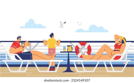 Familia con niños relajándose a bordo de un crucero de lujo o un yate. Viaje familiar de vacaciones de verano en lujosos transbordadores marinos, dibujos animados planos ilustrativos vectoriales.