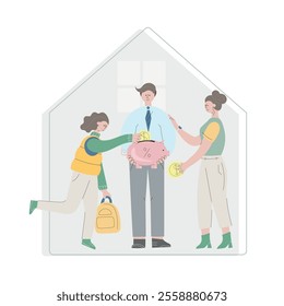 Family with child save money for new house, apartment buying. Investment, finance management flat cartoon vector illustration. Piggy bank concept wth house shape on background.