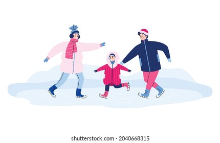 Family with child skating on the ice rink, cartoon vector illustration isolated on white background. Family winter activities and seasonal outdoor sports.
