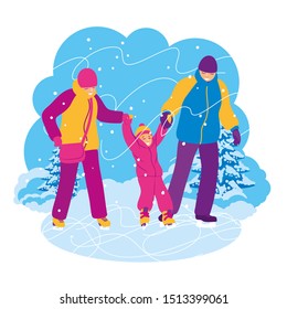 A FAMILY WITH A CHILD SKATING ON WINTER BACKGROUND