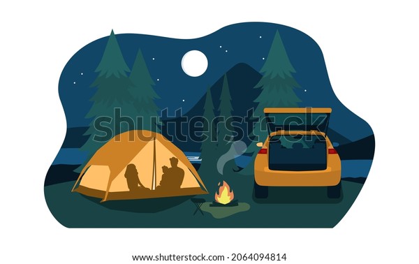 A family with a child spends the\
night in a tent in the forest. Vector\
illustration.