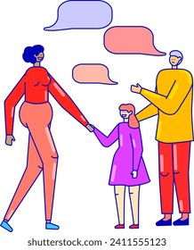 Family with child talking together, happy parents with daughter, speech bubbles. Communication and family time vector illustration.