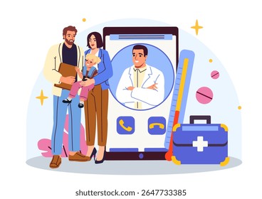Family with child using telemedicine app to consult doctor online, modern cartoon style, on white background. Concept of digital healthcare. Vector illustration