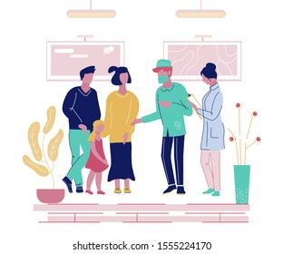 Family with child visit doctor in health care clinic. Children and Family medicine and medical insurance. Doctors and little kid patient cartoon characters flat vector illustration isolated.
