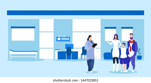 family with child visiting female doctor giving medical prescription for father mother and son patients healthcare consultation concept sketch doodle horizontal