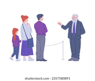 Family with child visiting museum, listening to guide, flat vector illustration isolated on white background. Man, woman and little girl on excursion. Old man talking about exposition.