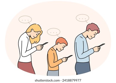 Family with child walk using cellphone. Parents and kid addicted to smartphones. Technology and gadgets addiction. Vector illustration.