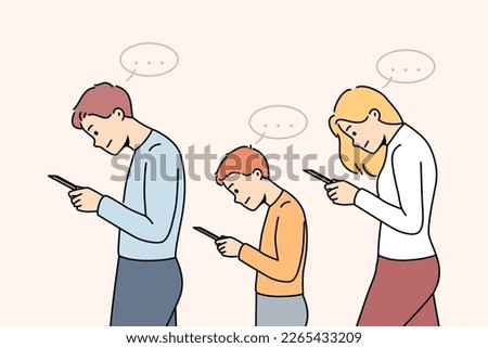 Family with child walk using cellphone. Parents and kid addicted to smartphones. Technology and gadgets addiction. Vector illustration. 