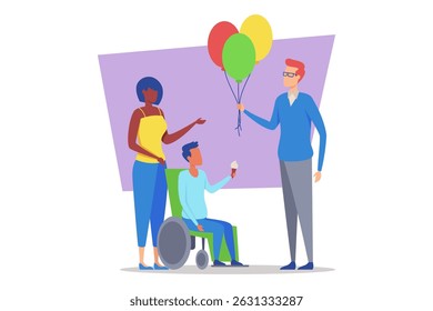Family with child in wheelchair enjoying sunny day in park. Child holding ice cream cone while adult offering colorful balloons, creating cheerful atmosphere