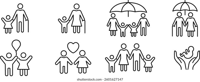 Family and Childcare Icons Set or Protection, Love, and Togetherness.