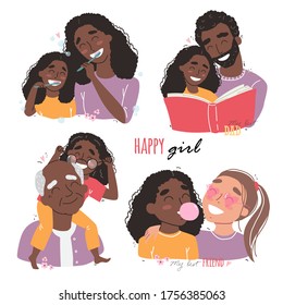 Family and childhood concept. black african american parents hug a child. girl with best friends. an elderly man is having fun with his granddaughter. vector illustration