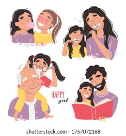 Family and childhood concept. parents hug a child. girl with best friends. an elderly man is having fun with his granddaughter. vector illustration