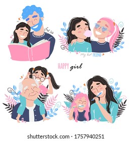 Family and childhood concept. parents hug a child. girl with best friends. an elderly man is having fun with his granddaughter. vector illustration