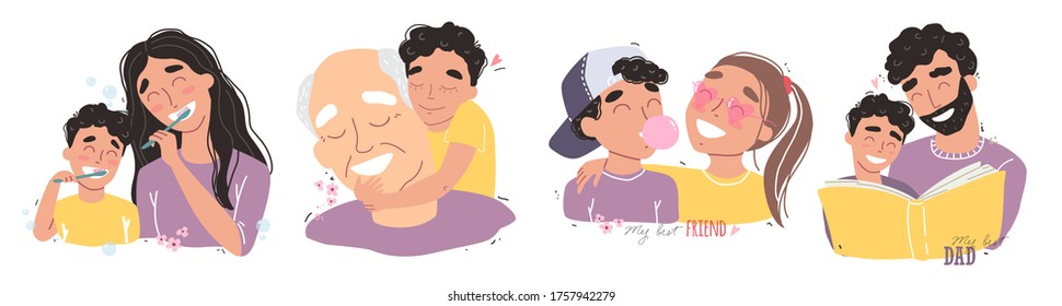 Family and childhood concept. parents hug a child. boy with best friends. an elderly man is having fun with his grandson. vector illustration