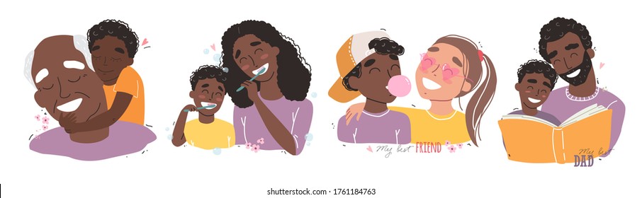 Family and childhood concept. parents hug a child. boy with best friends. an elderly man is having fun with his grandson. vector illustration