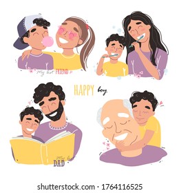 Family and childhood concept. parents hug a child. boy with best friends. an elderly man is having fun with his grandson. vector illustration