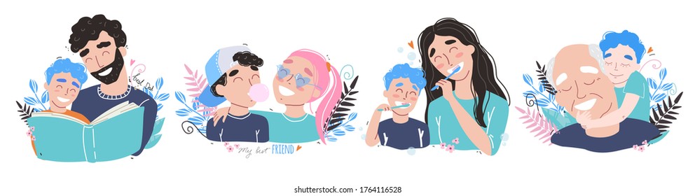 Family and childhood concept. parents hug a child. boy with best friends. an elderly man is having fun with his grandson. vector illustration