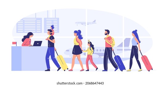 Family With Children At The Airport. Vector Illustration. Traveling By Plane. Travel Concept.