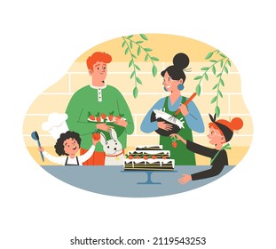 Family with children baking big cake at home kitchen, flat cartoon vector illustration isolated on white background. Family cooking activity and joint chores.