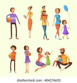 Family and children cartoon set with weekend activities and moving houses symbols on yellow background cartoon isolated vector illustration 