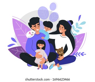 Family with children, cat and dog on a background of leaves. Family, love concept. Stay at home. Vector illustration