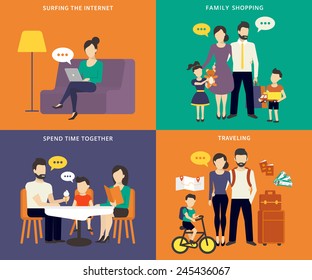 Family with children concept flat icons set of social networking, typing letter, traveling and visiting restaurant. Mother sitting at home and reading news on the laptop