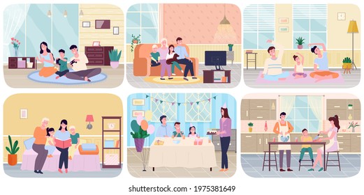 Family with children concept flat scenes set adults and kids spending time together at home. Parents and child play games, read books, do yoga, watch TV together, celebrate holiday at festive table