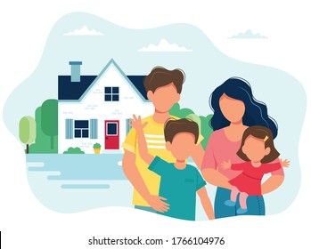 Family with children and a cute house. Vector illustration in flat style