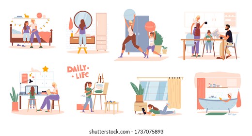 Family children daily routine everyday activities scene set. Parent kid work, rest, do sport. Daughter get up, brush teeth, exercise, eat breakfast, study at home, learn to paint, read book, take bath