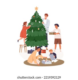 Family with children decorates Xmas tree. Happy parents, kid around Christmas fir, prepare for winter holiday at home. Festive firtree decoration. Flat vector illustration isolated on white background