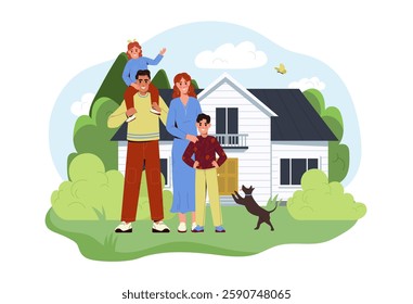 Family with children and dog in front of house. Cartoon style on white background. Concept of family, home, and happiness. Vector illustration