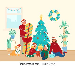 Family With Children And Dog Opening Christmas Gifts Near Christmas Tree At Home. Flat Vector Illustration.