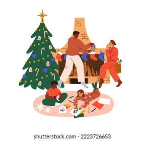 Familia, niños durante las preparaciones navideñas en casa festiva. Padres decorando la chimenea para las vacaciones de invierno, niños preparando regalos de bricolaje. Ilustración vectorial gráfica plana aislada en fondo blanco