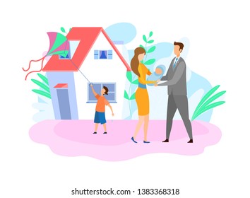 Family with Children Flat Vector Illustration. Wife, Husband and Kids Cartoon Characters. Happy Couple Holding Newborn Child, Little Son Playing with Kite. Parents outside House, Parenting, Childcare