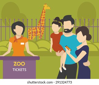 Family with children is going to the zoo using an e-ticket in mobile app