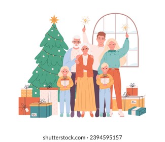 Family with children and grandparents celebrating Christmas or New Year. Christmas tree with presents. Vector illustration in flat style