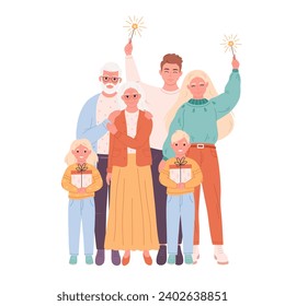 Family with children and grandparents holding sparkler and presents and celebrating Christmas or New Year. Vector illustration in flat style