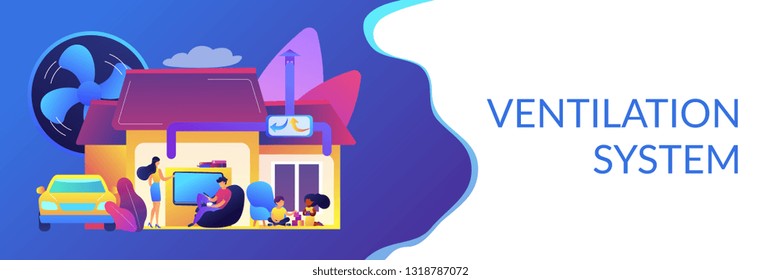 Family with children in house with air ventilation system. Ventilation system, energy recovery ventilation, airing system cleaning concept. Header or footer banner template with copy space.