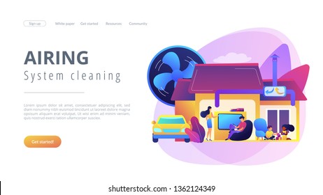 Family with children in house with air ventilation system. Ventilation system, energy recovery ventilation, airing system cleaning concept. Website vibrant violet landing web page template.