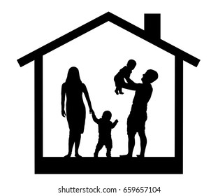 Family With Children In The House, Silhouette Vector