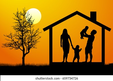 Family With Children In The House At Sunset, Silhouette Vector