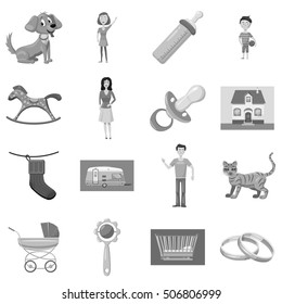 Family with children icons set. Gray monochrome illustration of 16 family with children vector icons for web
