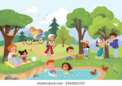 Family and children kids enjoys picnic in summer day walk through the park. Children swim and have fun outdoors. Kids and parents feed the wildlife enjoying the nature together taking care of animals